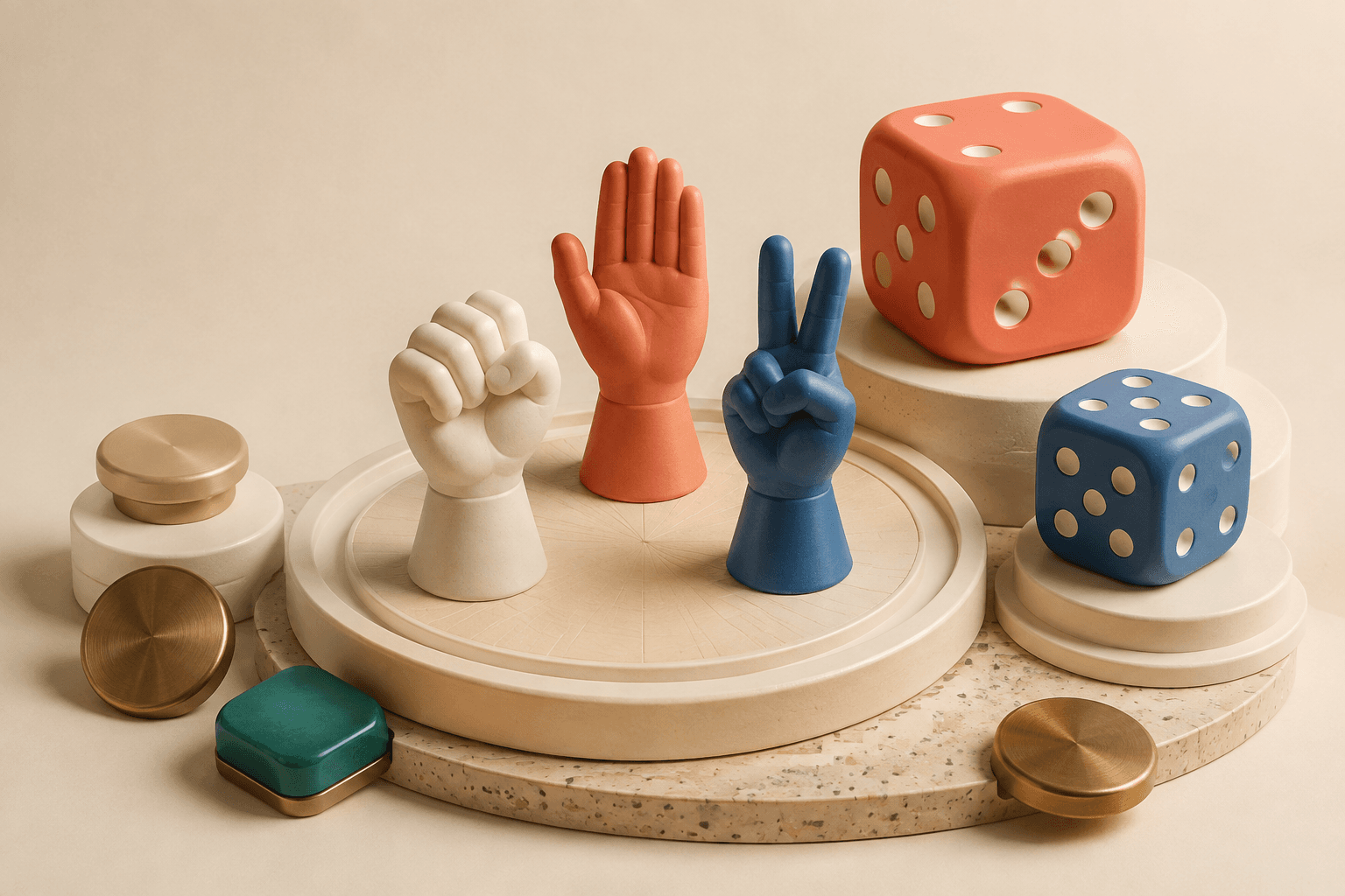 Rock, paper and scissors sculptures beside colorful dice